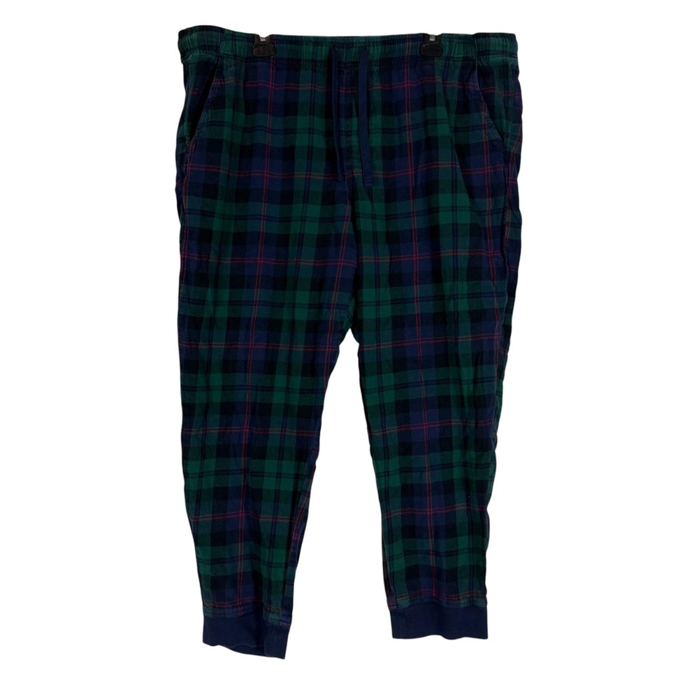 Old Navy Pajama Pants Mens 2XL Green Plaid Flannel Drawstring Cuffed Lounge